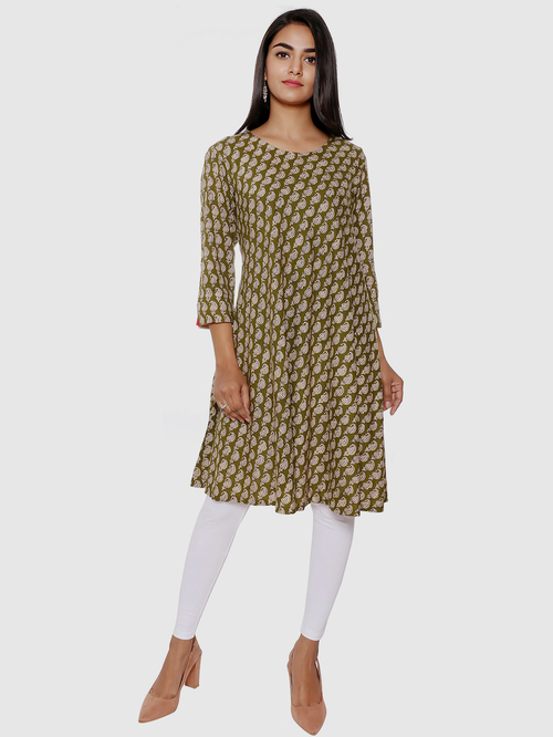 Suti Green Printed A Line Kurti Price in India