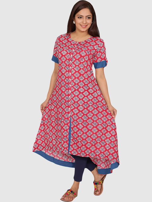 Suti Pink Cotton Printed High Low Kurti Price in India