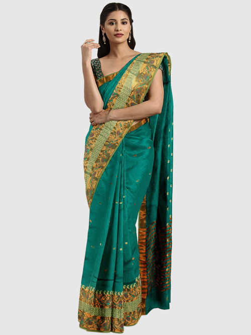 Pavecha's Green & Golden Woven Saree With Blouse Price in India