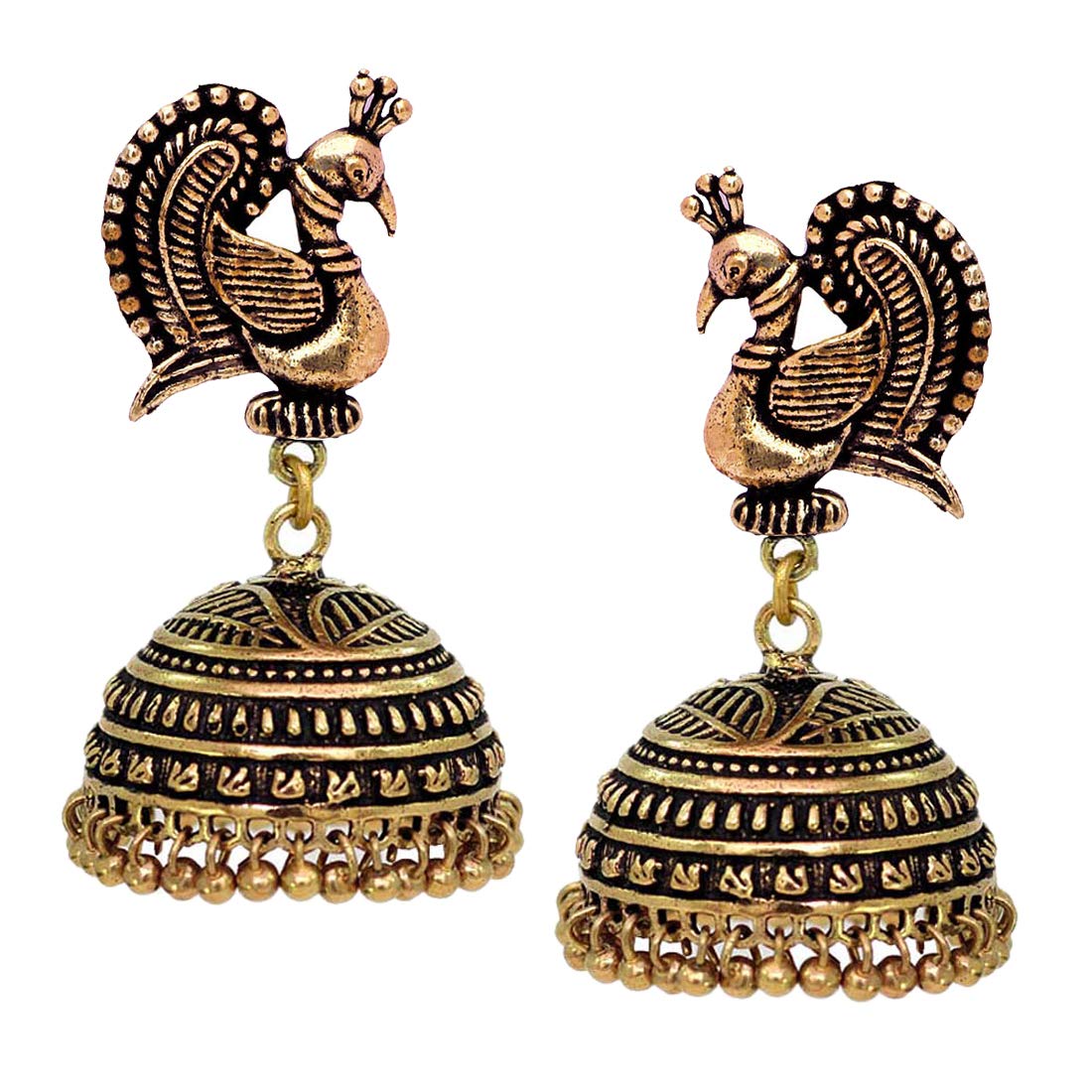 V L IMPEX Dancing Peacock Black Metal Gold Palted Oxidized Jhumki Earrings For Women Price in India