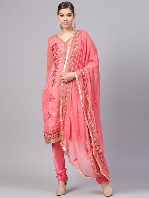 Ishin Pink Embroidered Kurta Pant Set With Dupatta Price in India