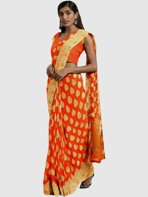 Pavecha's Orange & Golden Woven Saree With Blouse Price in India