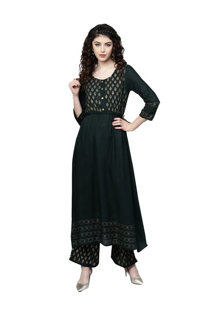 Ishin Green Printed Kurti Palazzo Set Price in India