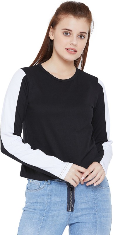 Color Block Women Round Neck Multicolor T-Shirt Price in India