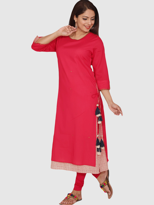 Suti Pink Cotton A Line Kurti Price in India