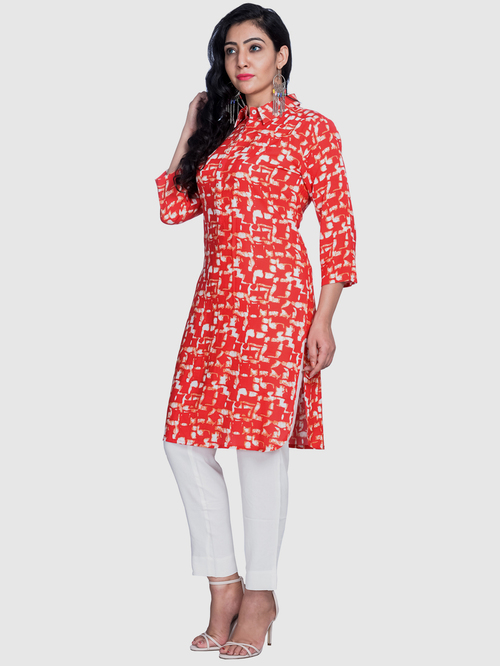 Suti Red & White Printed Straight Kurti Price in India