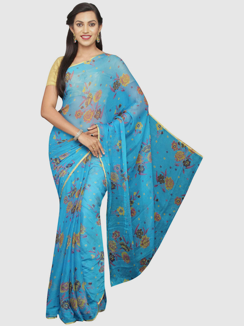 Pavecha's Blue & Yellow Floral Print Saree With Blouse Price in India