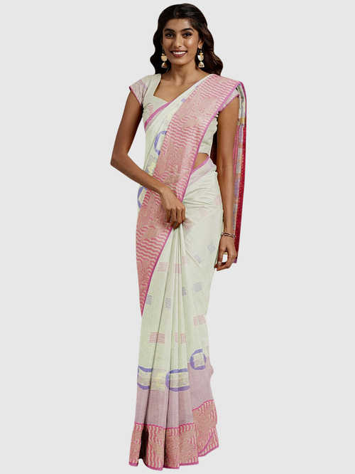 Pavecha's Off-White & Blue Woven Saree With Blouse Price in India