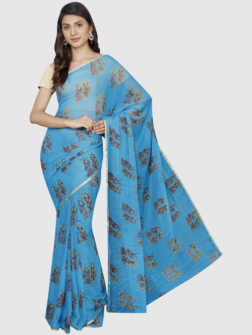 Pavecha's Blue & Red Printed Saree With Blouse Price in India