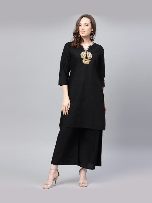 Bhama Couture Black Cotton Embroidered Kurti Palazzo Set Price in India