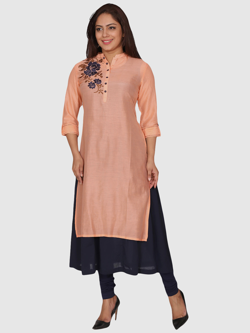 Suti Peach & Navy Embroidered Straight Double Layered Kurti Price in India