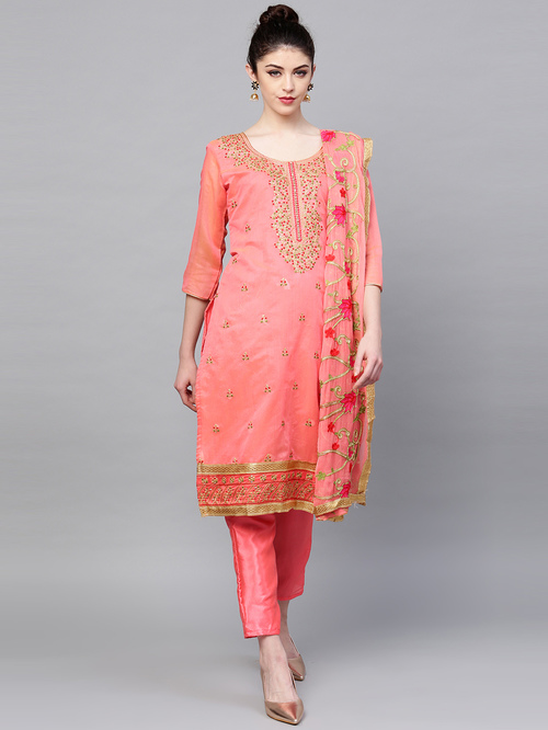 Ishin Coral Embroidered Kurta Pant Set With Dupatta Price in India