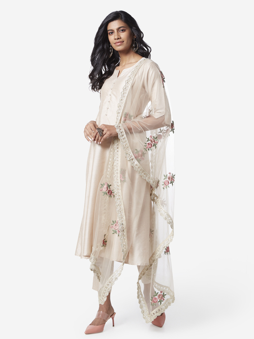 Vark by Westside Beige Anarkali Kurta And Floral Dupatta Set Price in India