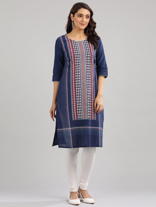 Aurelia Navy Cotton Printed Straight Kurta Price in India