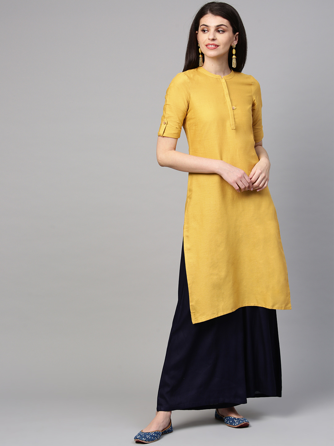 AURELIA Women Mustard Yellow Solid Straight Kurta Price in India