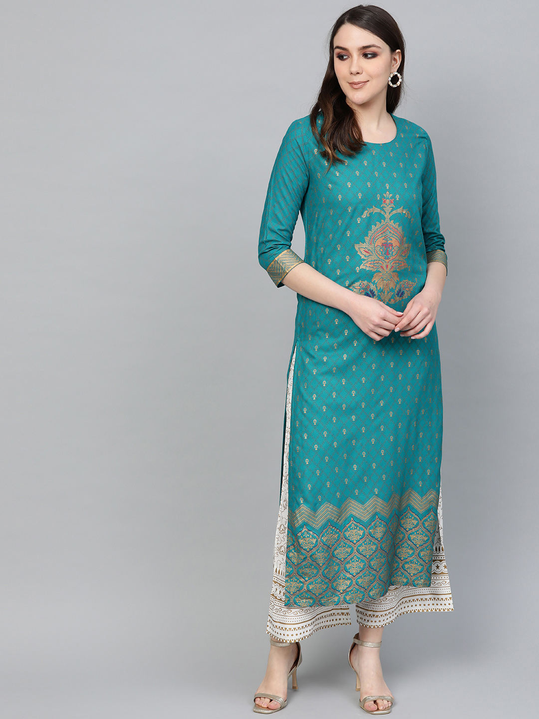 Anubhutee Women Teal Blue & White Printed Kurta with Palazzos Price in India