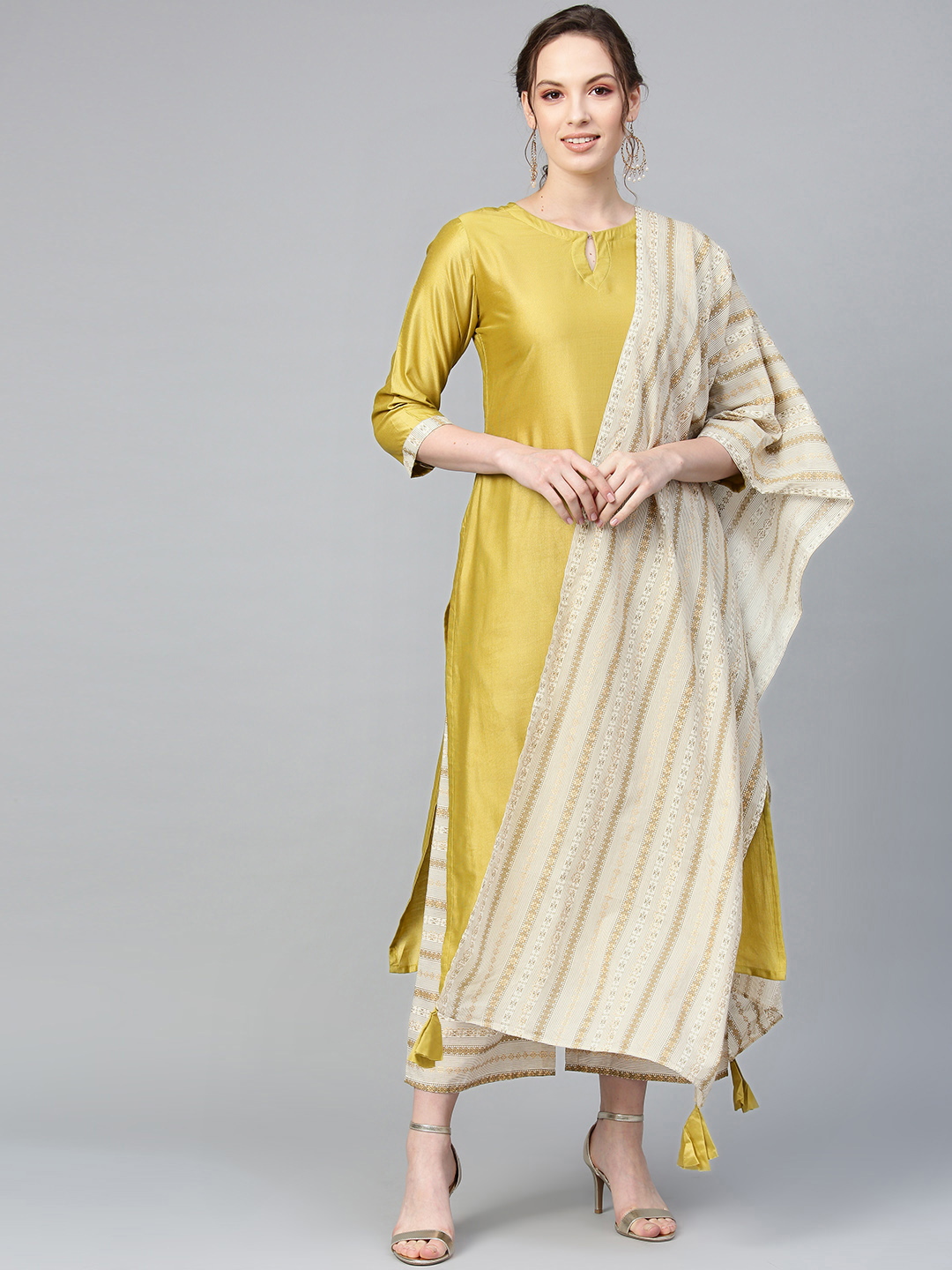 Indo Era Women Green & Beige Solid Kurta with Striped Palazzos & Stole Price in India