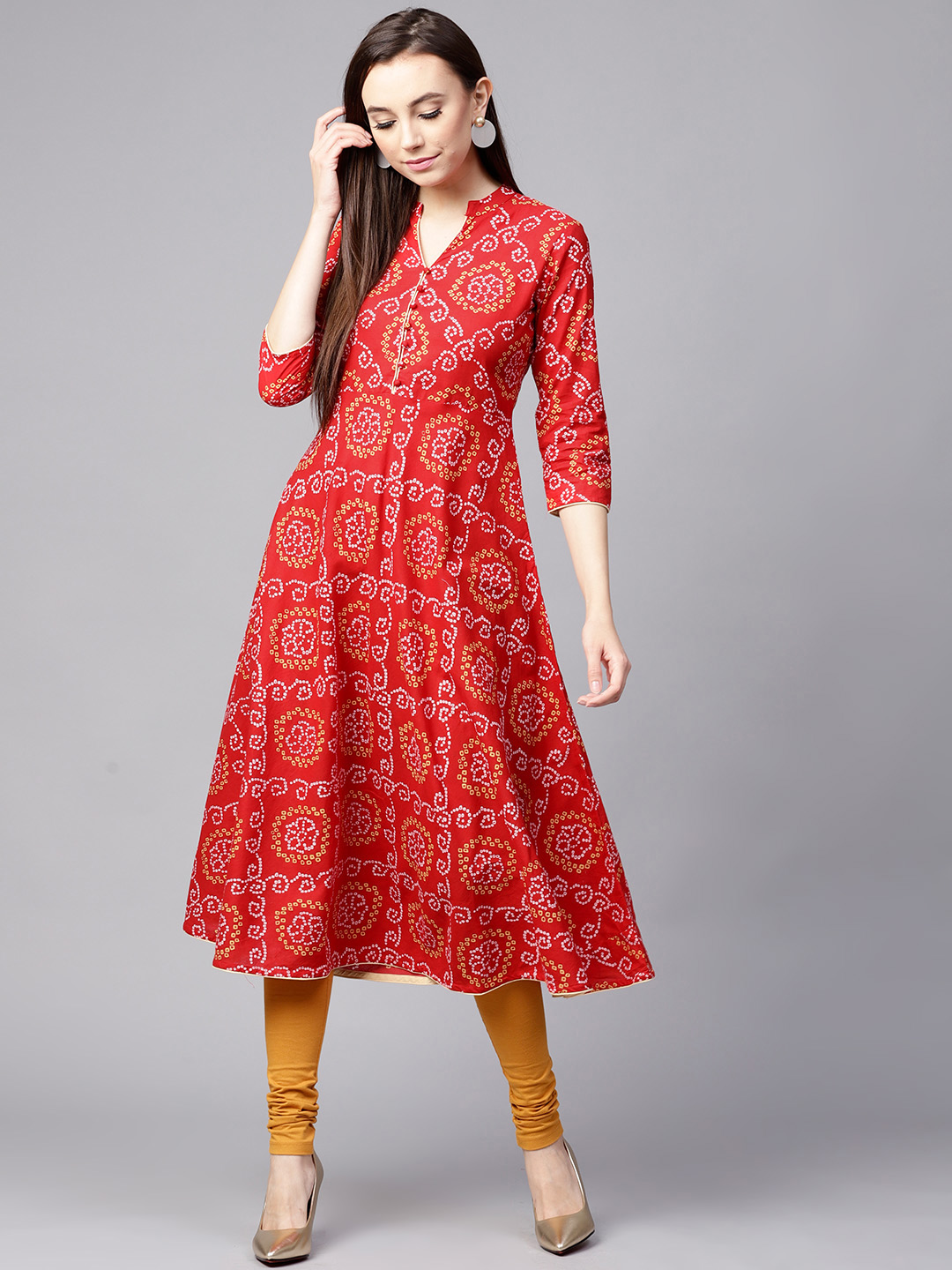 Nayo Women Red & White Bandhani Print A-Line Kurta Price in India