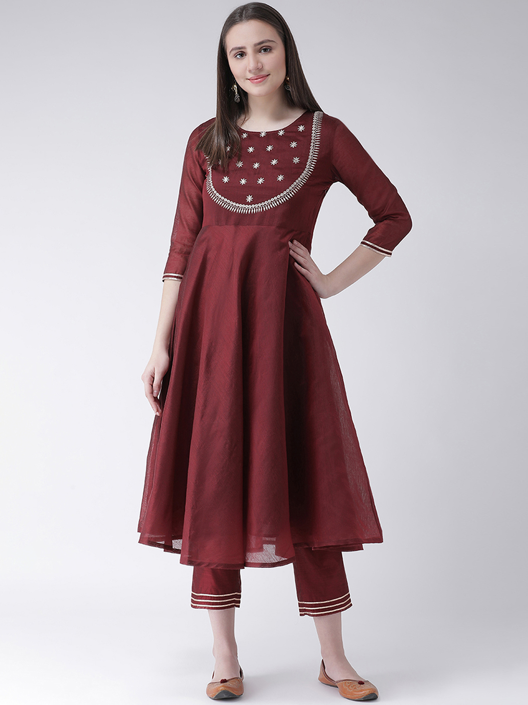 Aayna Women Maroon Embroidered A-Line Kurta Price in India