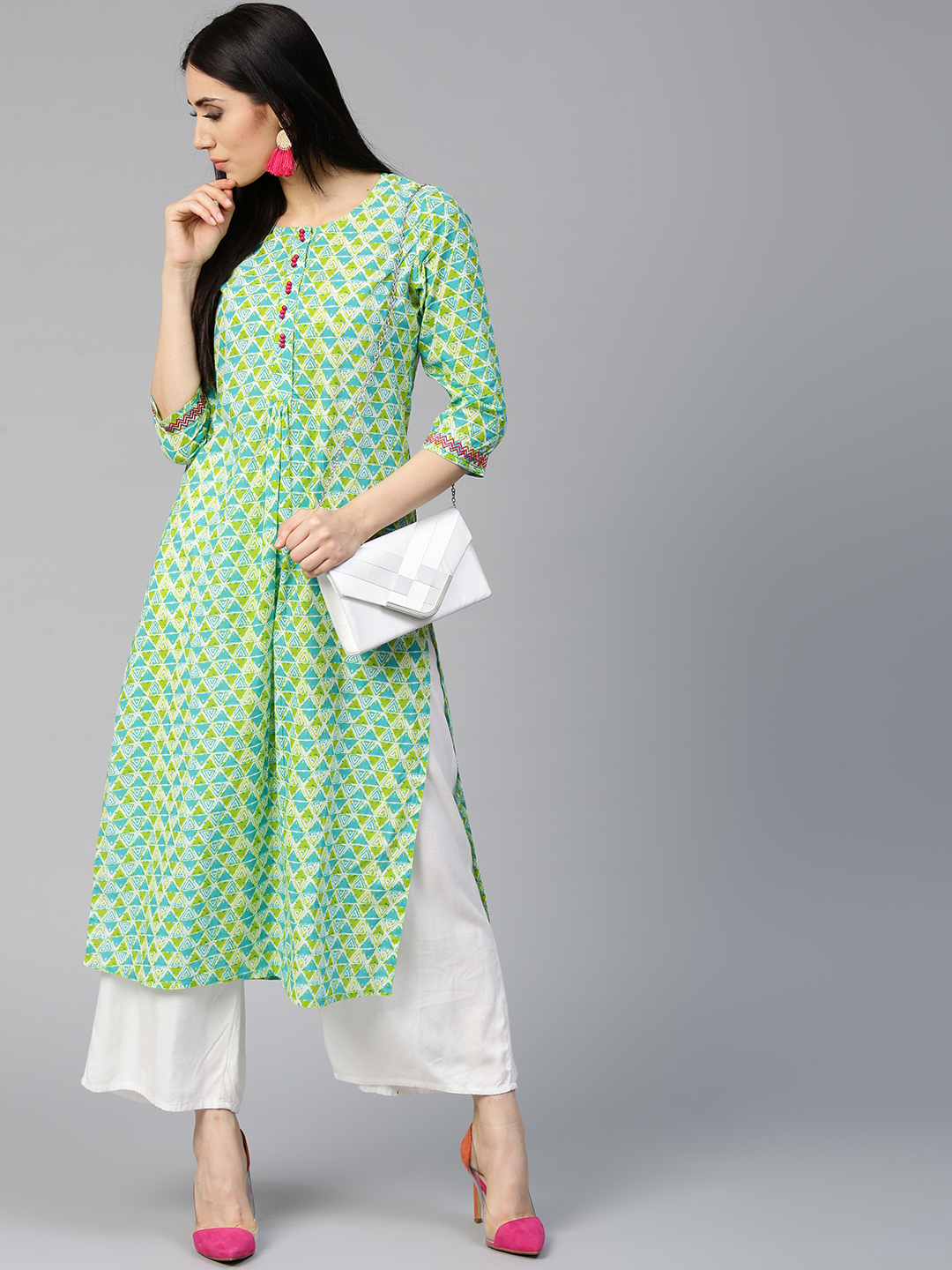 Jaipur Kurti Women Blue & Green Printed Straight Kurta Price in India