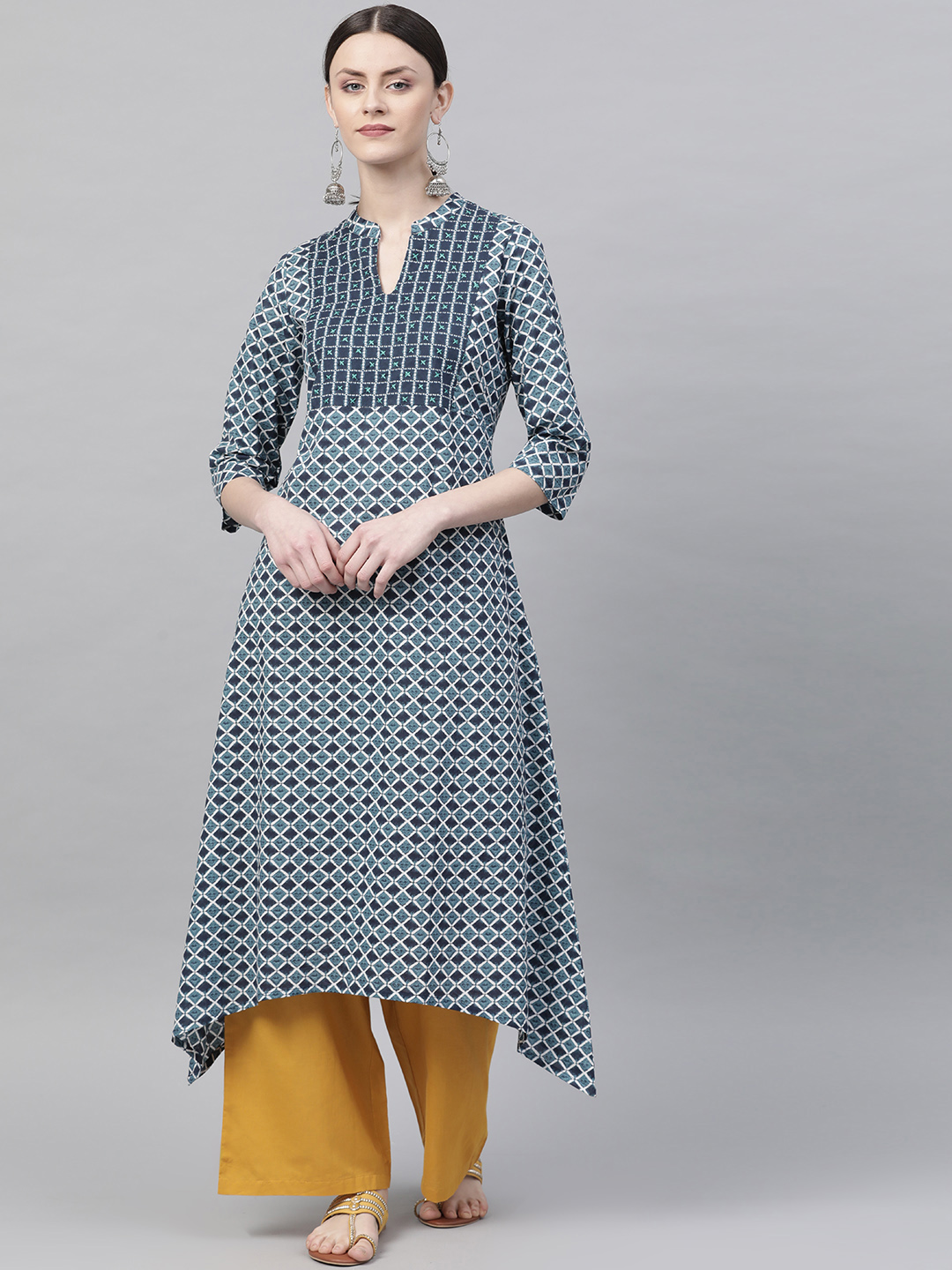 Rangriti Women Blue & White Printed A-Line Kurta Price in India