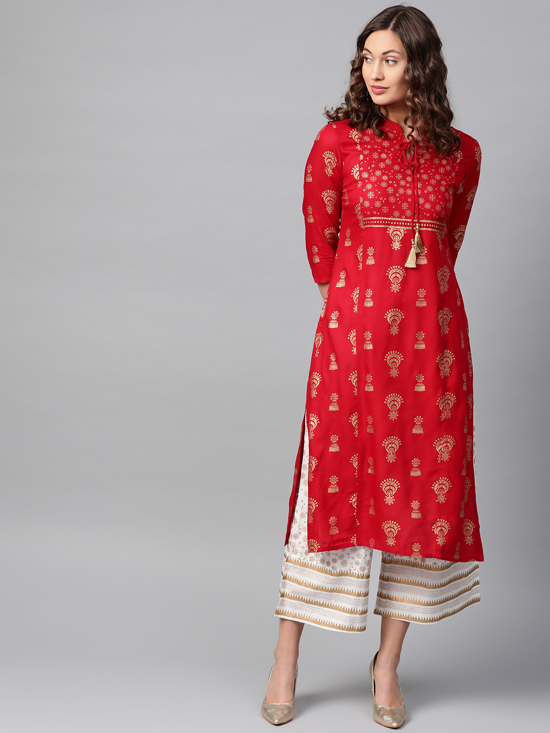 Anubhutee Women Red & White Foil Print Kurta with Palazzos Price in India