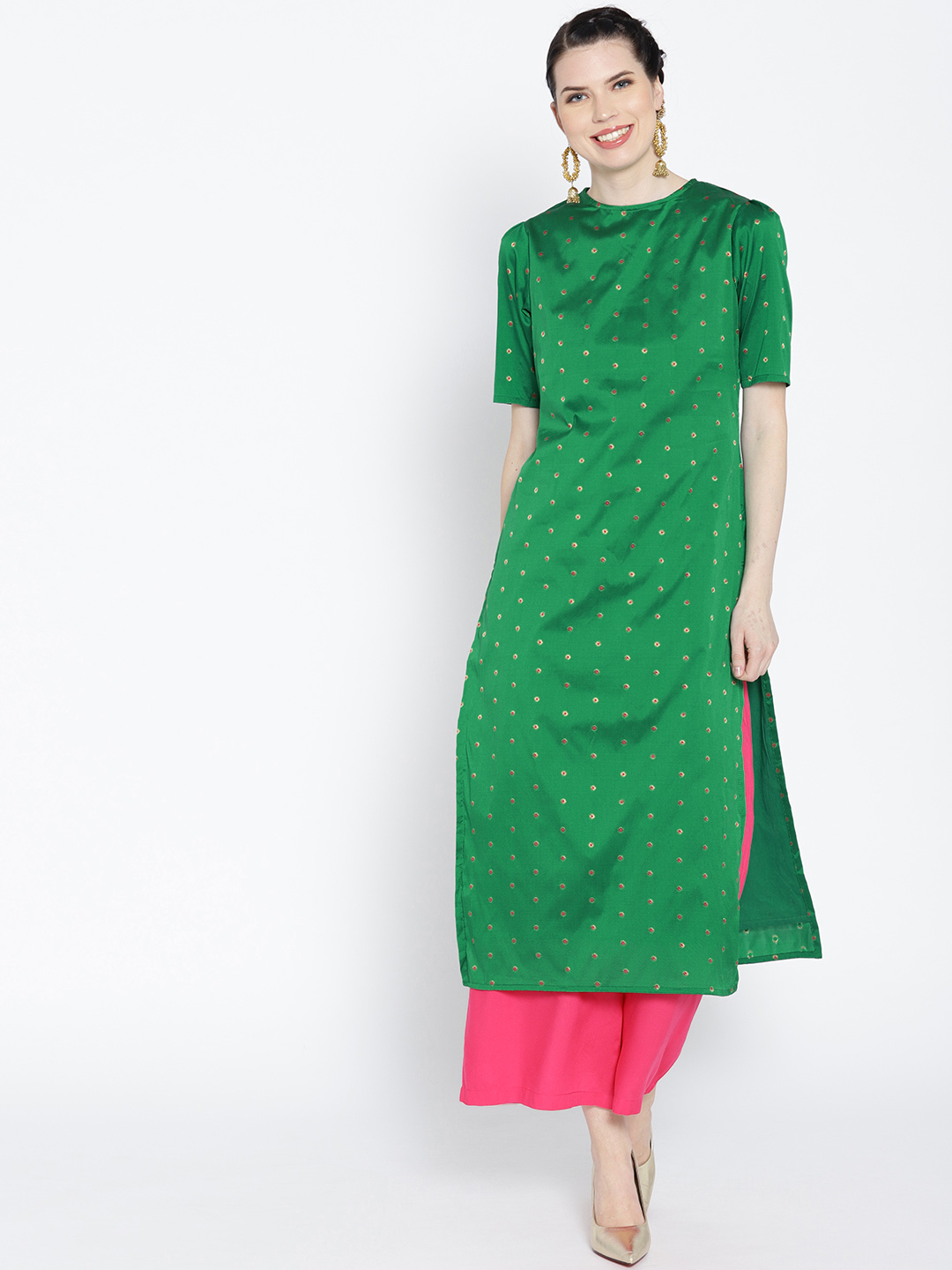 HERE&NOW Women Green & Golden Woven Design Straight Kurta Price in India