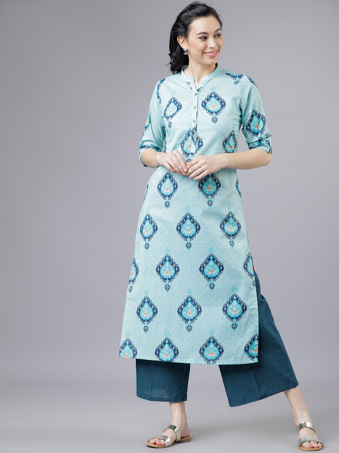 Vishudh Women Blue Printed Kurta with Palazzos Price in India