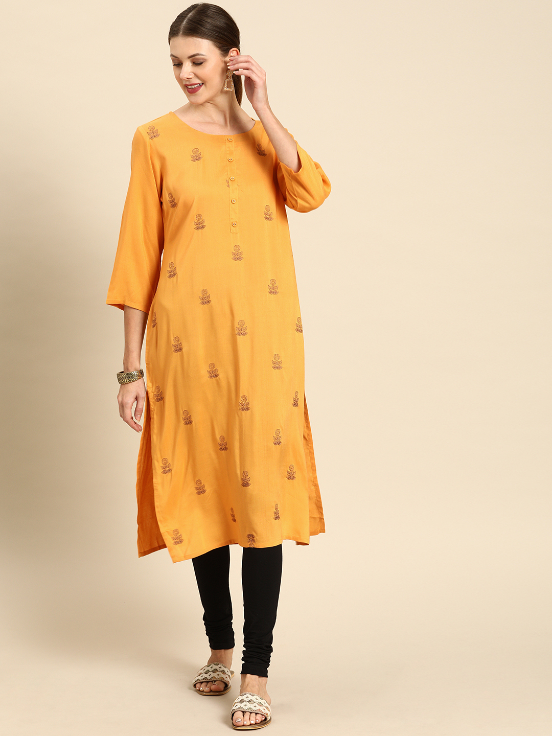 Soch Women Mustard Yellow Embroidered Straight Kurta Price in India