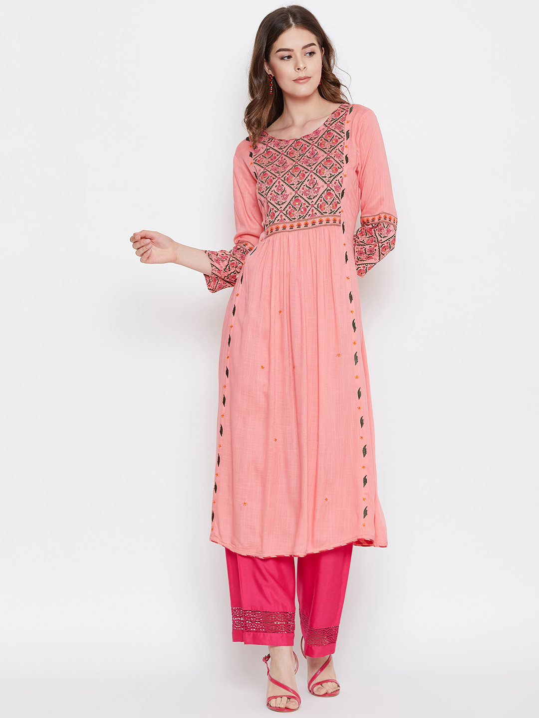 Prakhya Women Pink Yoke Design A-Line Kurta Price in India