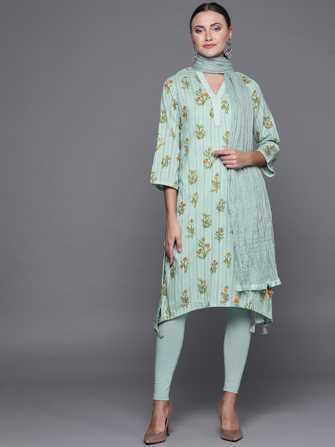 Biba Women Blue & Green Floral Print Kurta with Legggings & Dupatta Price in India