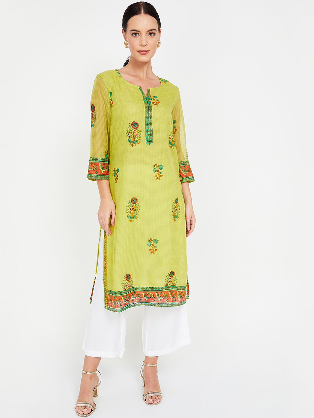 Melange by Lifestyle Women Yellow & Green Printed Straight Kurta Price in India