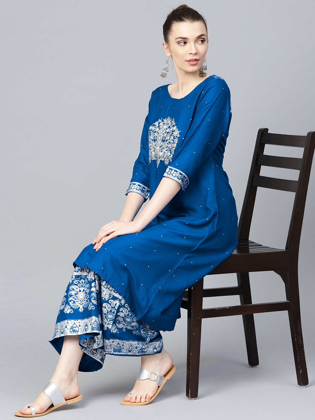 Ishin Women Blue & White Printed Kurta with Palazzos Price in India