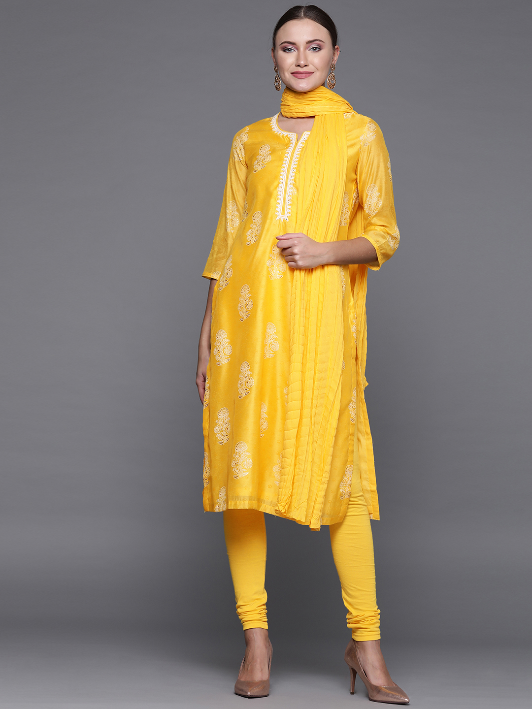 Biba Women Yellow & White Printed Kurta with Churidar & Dupatta Price in India