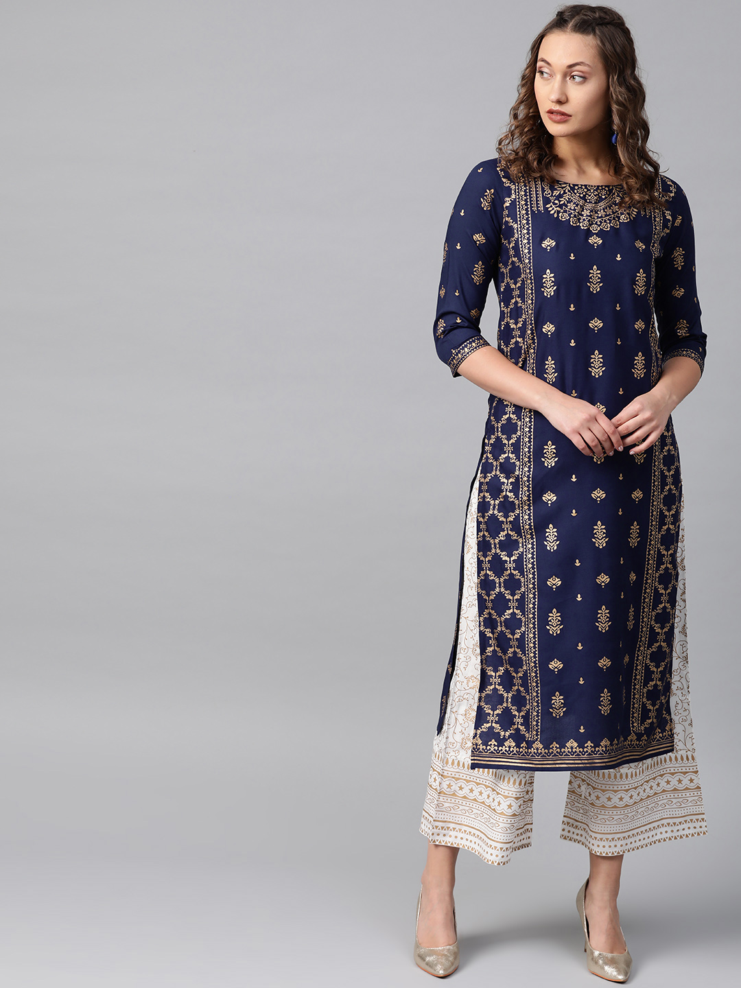 Anubhutee Women Navy Blue & White Printed Kurta with Palazzos Price in India