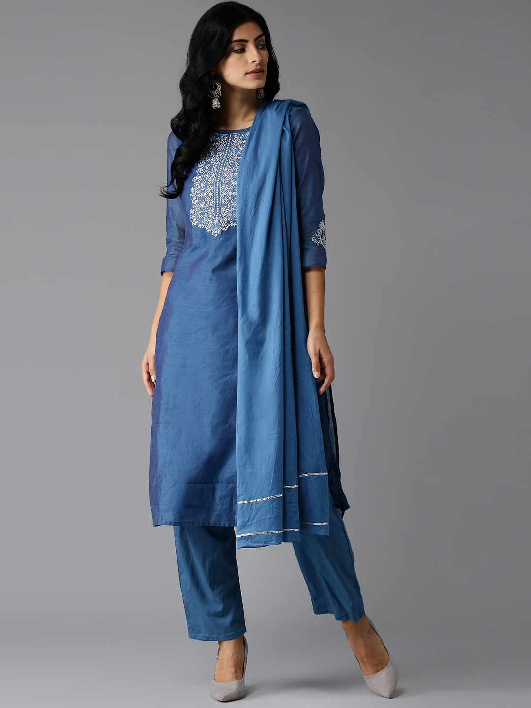 Moda Rapido Women Blue Embroidered Kurta with Trousers & Dupatta Price in India