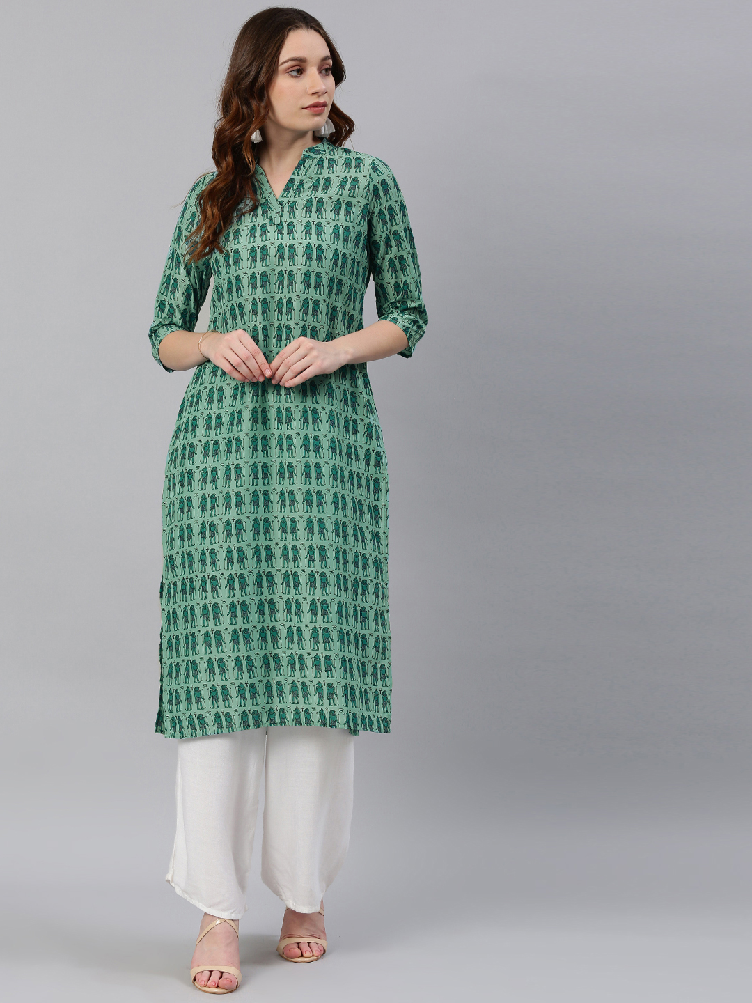 breya Women Teal Green & Black Printed A-Line Kurta Price in India