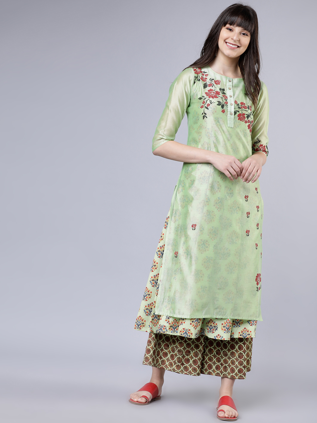 Vishudh Women Green Printed Kurta with Palazzos Price in India