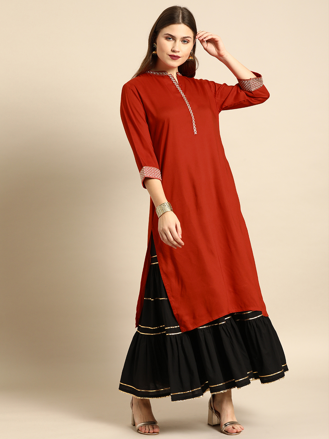 Soch Women Red Solid Straight Kurta Price in India