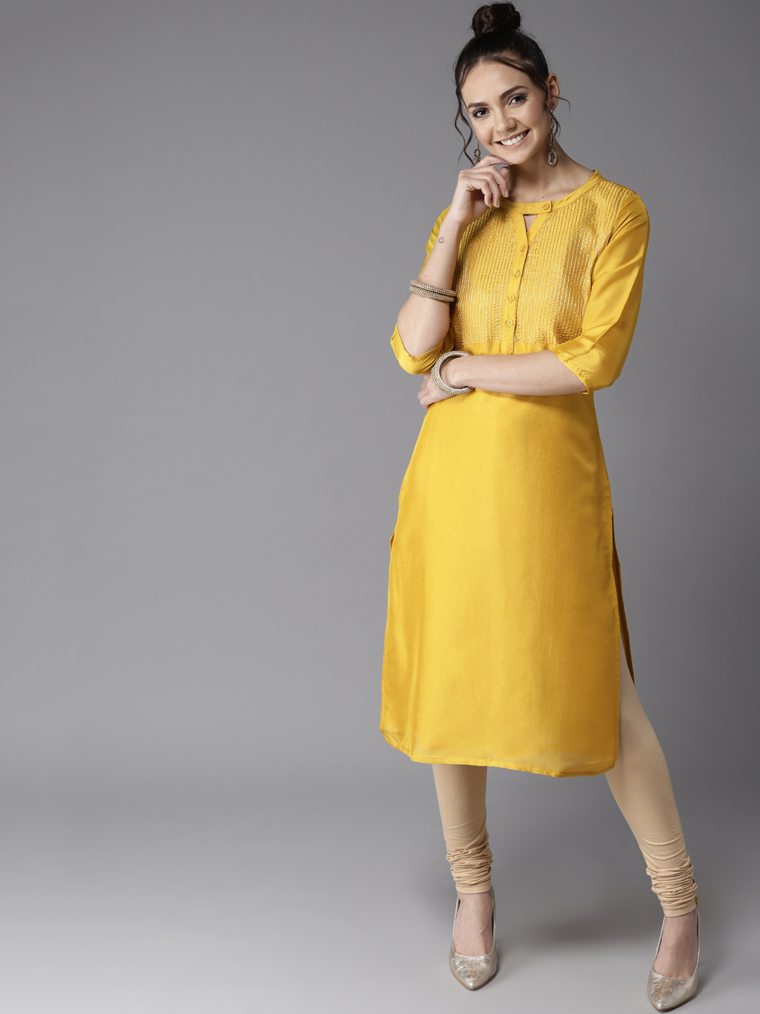 HERE&NOW Women Mustard Yellow Yoke Design Straight Kurta Price in India