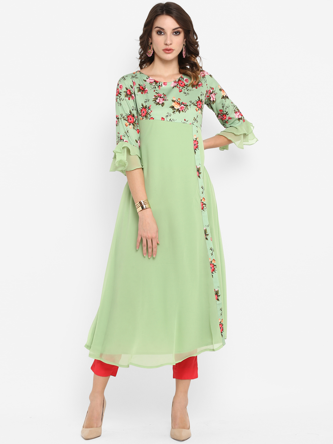 Janasya Women Green & Pink Printed A-Line Kurta Price in India