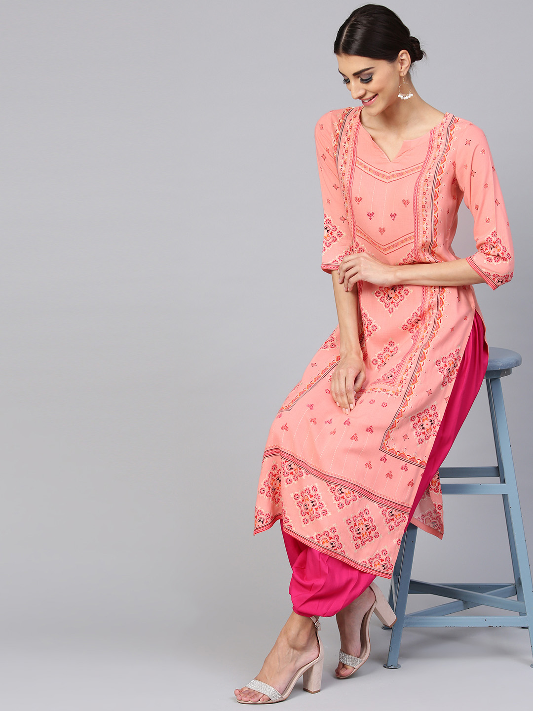 Libas Women Pink Block Print Kurta with Salwar Price in India