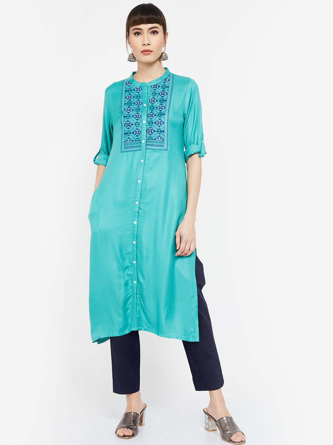 Melange by Lifestyle Women Sea Green Embroidered Straight Kurta Price in India