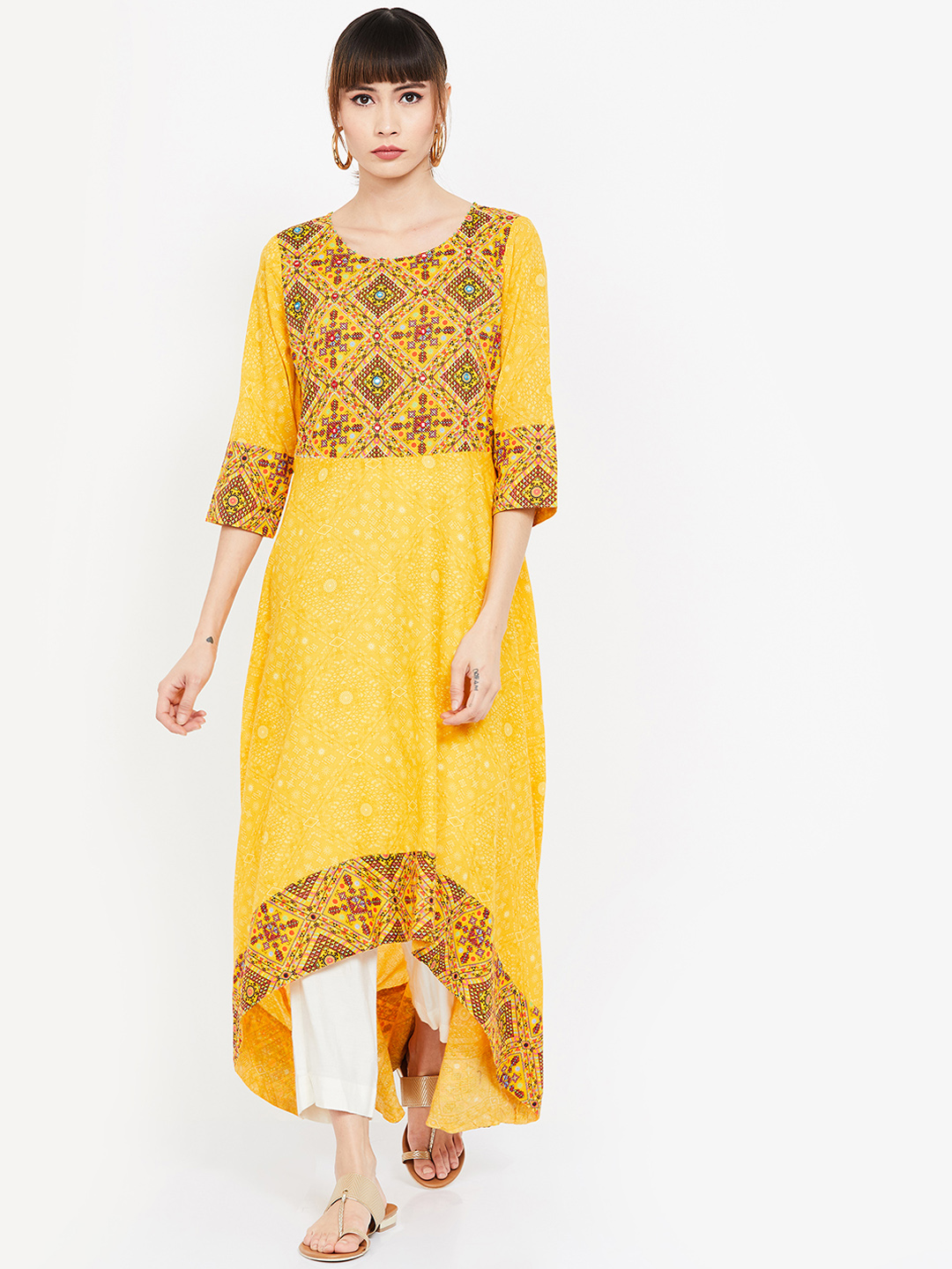 Melange by Lifestyle Women Yellow Printed A-Line Kurta Price in India