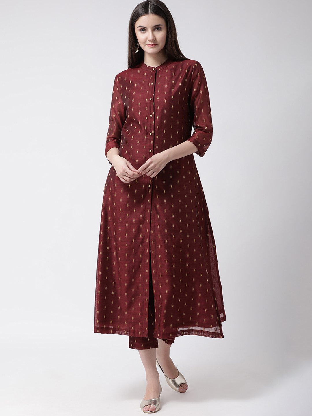 Aayna Women Maroon & Gold-Toned Woven Design Straight Kurta Price in India