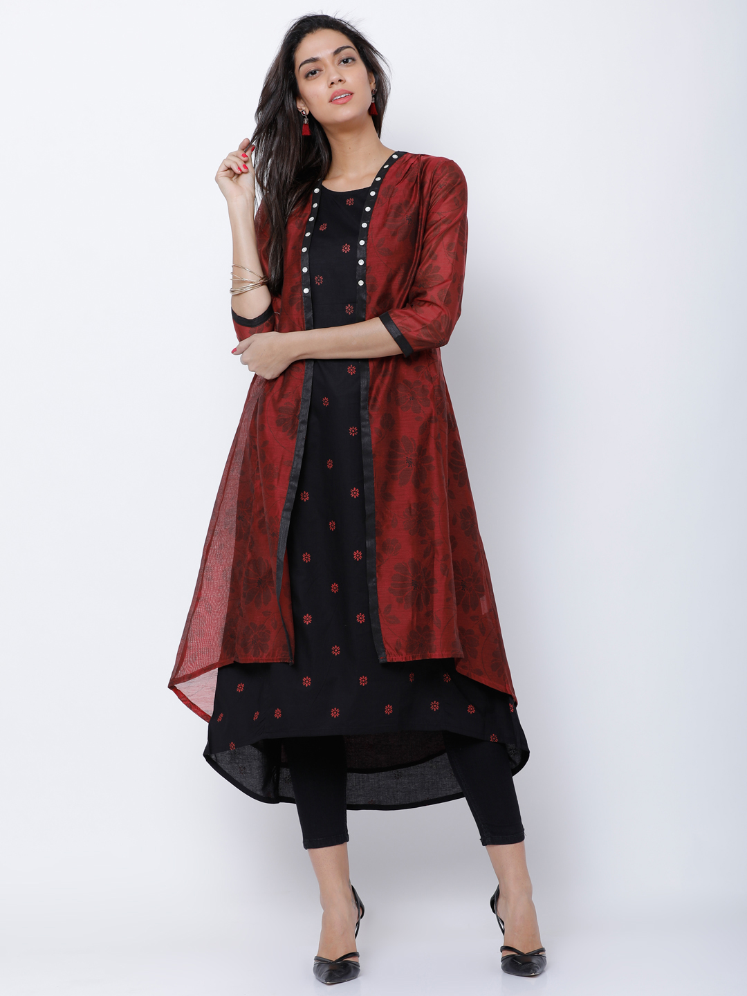 Vishudh Women Black & Maroon Printed A-Line Kurta Price in India