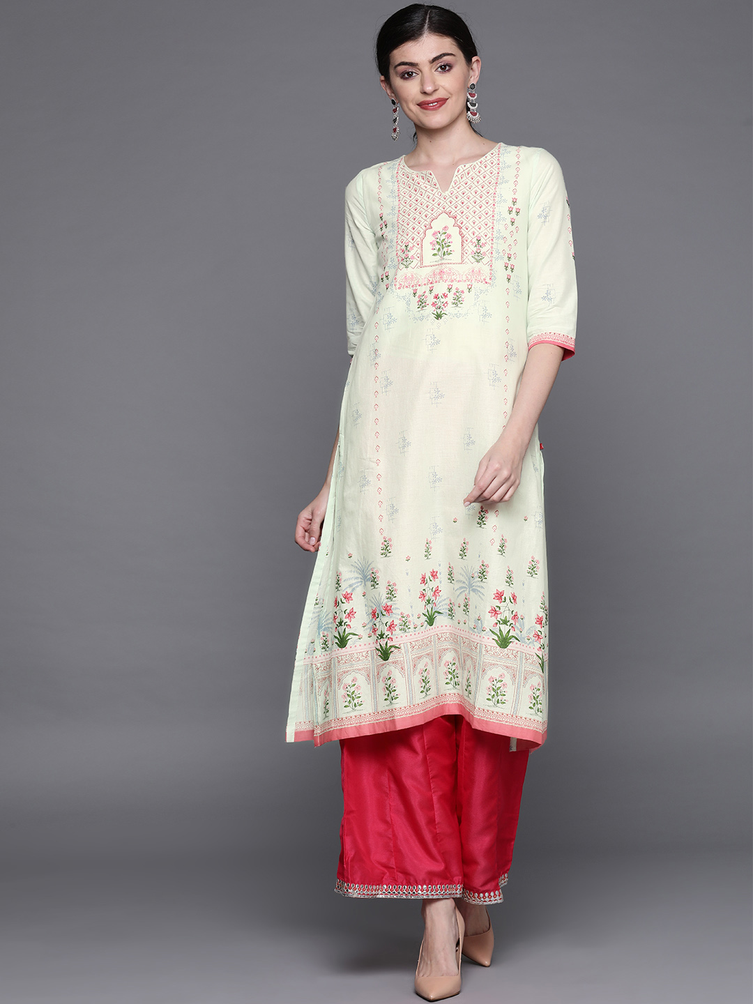 Biba Women Green & Red Printed A-Line Kurta Price in India