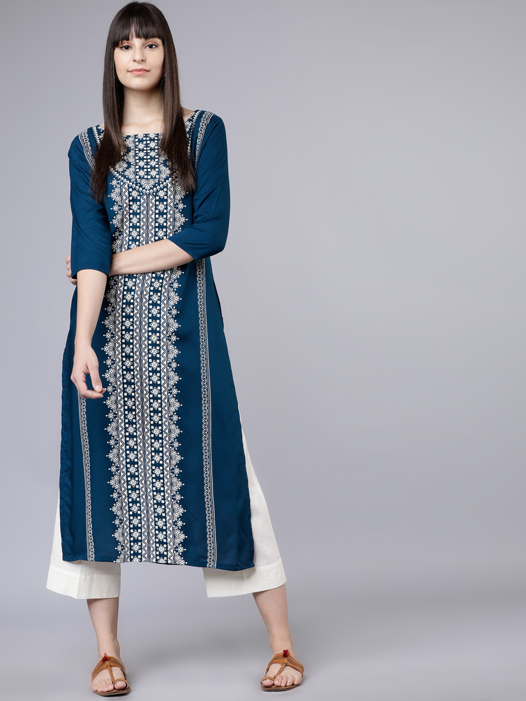 Vishudh Women Teal Blue & White Printed Straight Kurta Price in India