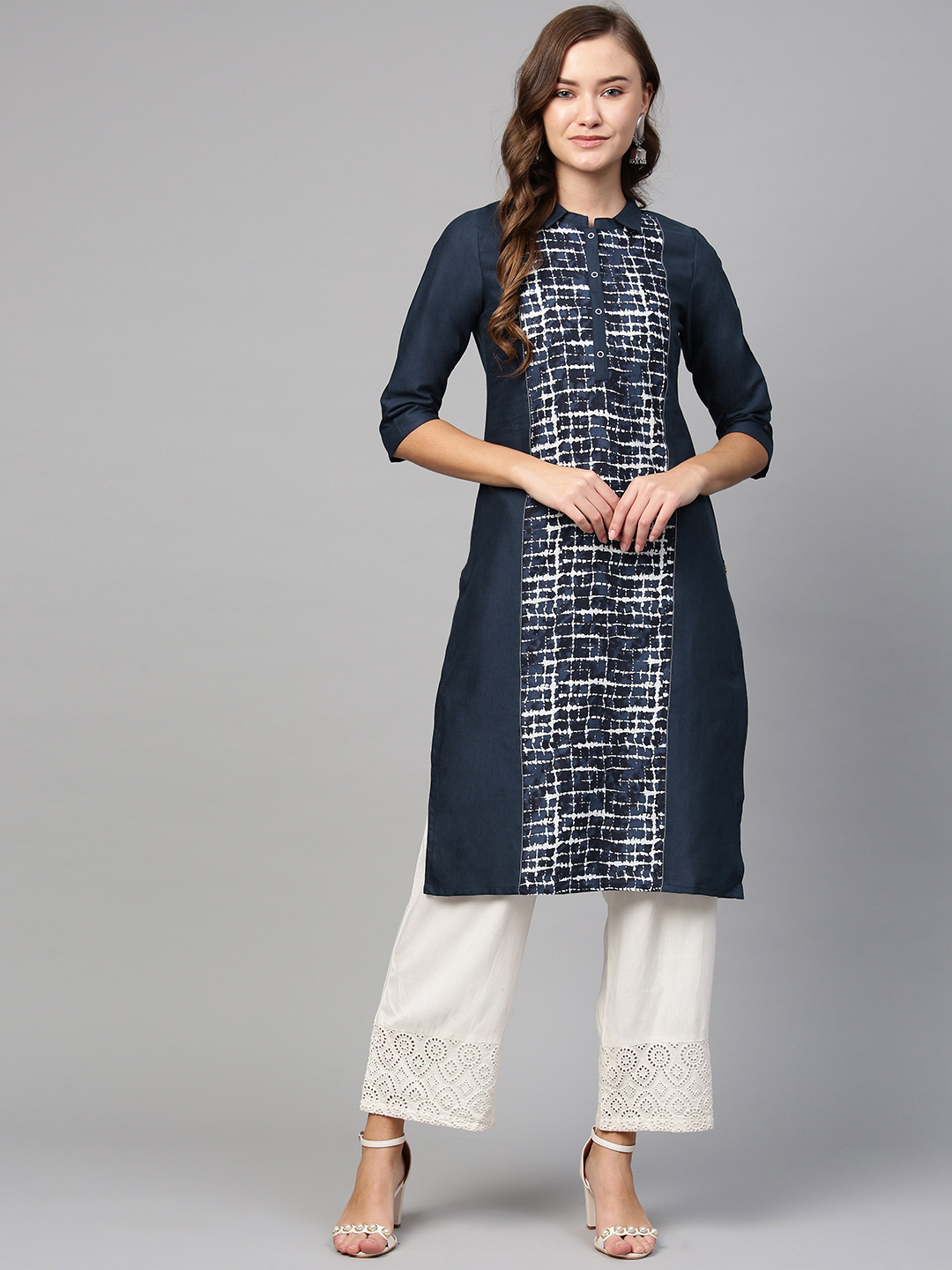 AURELIA Women Navy Blue & White Printed Straight Kurta Price in India