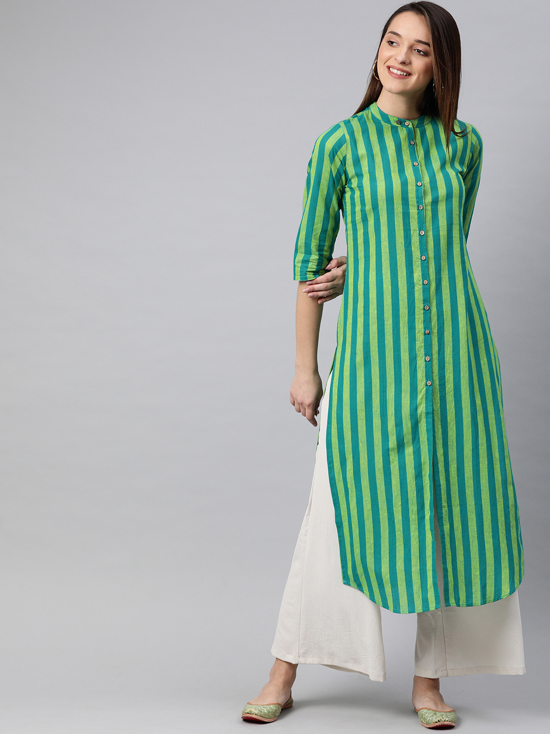 Vishudh Women Green Striped Straight Kurta Price in India